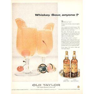 1957 Old Taylor Bourbon Whiskey Sour Cocktail Vintage Print Ad Bar Decor 10 x 13